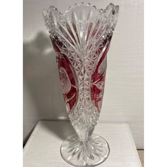 Hofbauer Byrdes Crystal Vase With Bird Motif & Ruby Red Overlay 10.5" Tall Vtg - Picture 6 of 13